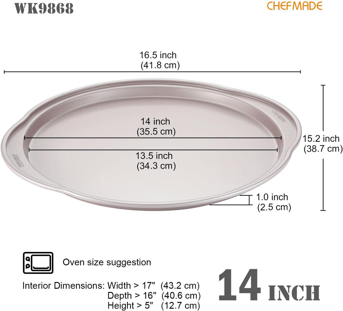 CHEFMADE Pizza pan, 14 Inch Non-Stick Pizza Tray Bakeware for Oven Baking (Champagne Gold)