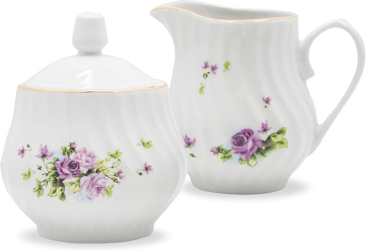 Sugar and Creamer Set - Porcelain Sugar and Creamer Floral Vintage Tea Set with Gold Trims & Embossed Swirls - Exquisite Fine China Tea Set for Parties & Celebrations - Lucinda Set by Lynns