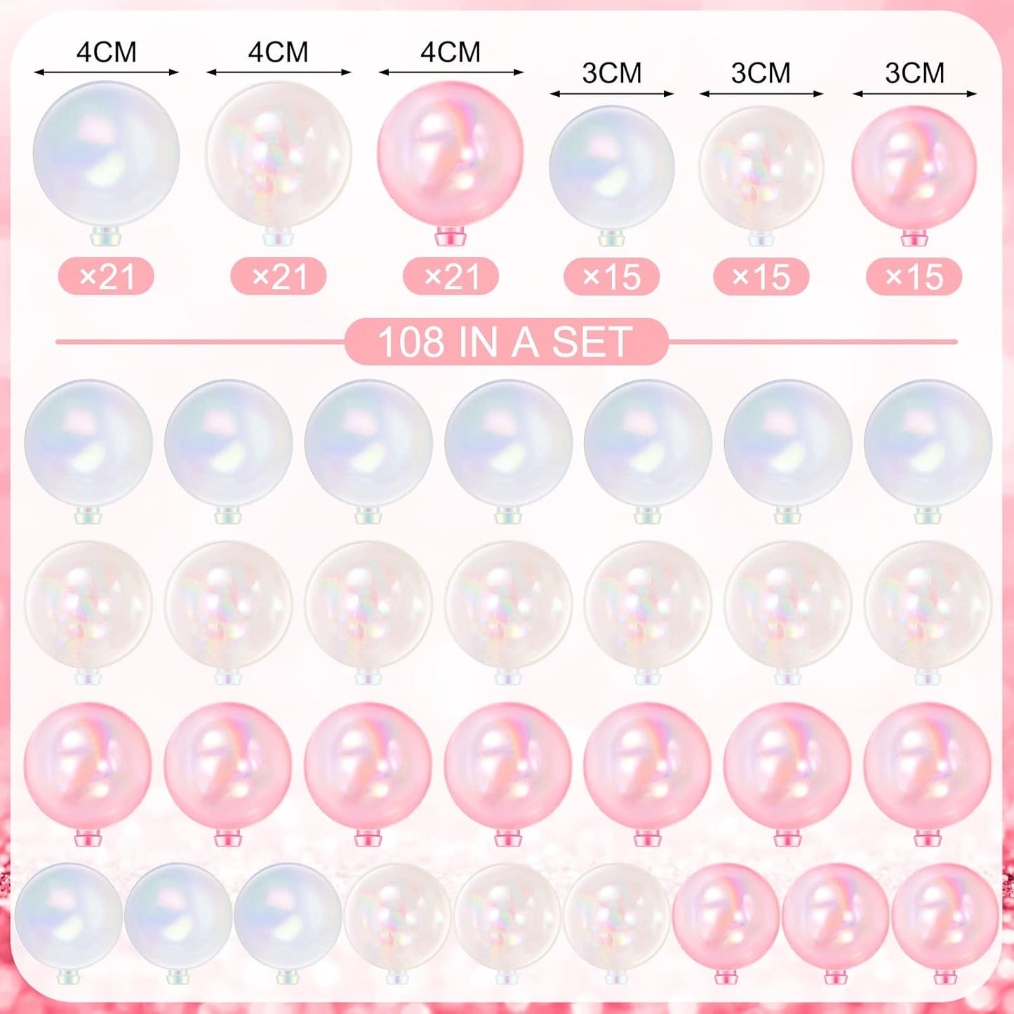 108 Pcs Balls Cake Topper DIY Cupcake Insert Foam Balloons for Cake Baking Wedding Anniversary Birthday Decoration(Pink, Clear, White,1.57'', 1.18'')