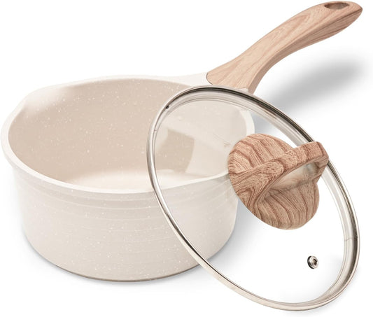 JEETEE 2.5 Quart Sauce Pan with Lid, Non Stick Small Pot with German Granite Coating, Masterclass Cookware Sauce Pot for Cooking, PFOA/PFOS Free(Beige)