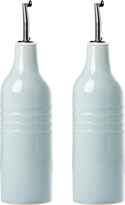 famiware Jupiter 16oz Ceramic Olive Oil Dispenser Bottle, Olive Oil and Vinegar Dispenser Bottle Set of 2 with Stainless Steel Pourers, Suitable for Storage Vinegar, Liquids, Light Blue
