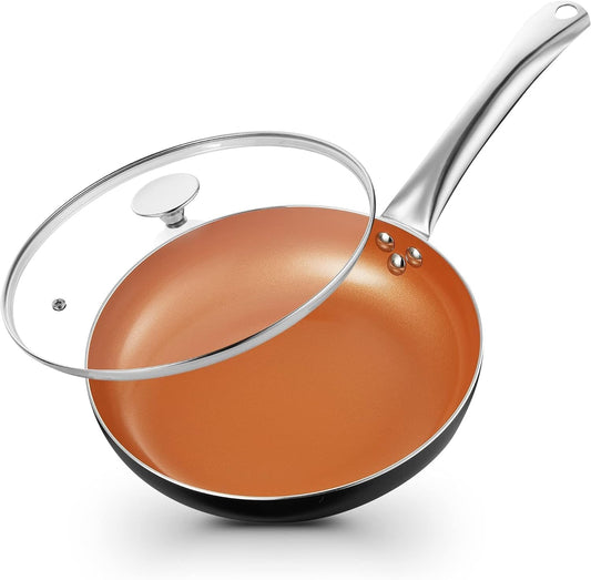 KOCH SYSTEME CS Little Skillet with Lid - 8" Copper Nonstick Frying Pan for Oven & Stove, Small Skillet with Ceramic Coating, Aluminum Nonstick Pan, 100% PFOA Free, All Stove Tops Compatible