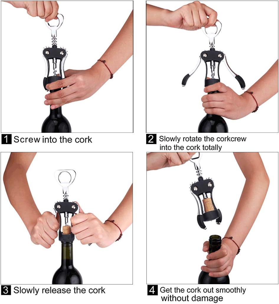 Foho Wine Opener, Multifunctional Wing Corkscrew Wine Bottle Opener for all Cork Stoppered and Beer Cap Bottles, Luxury Waiter Corkscrew with Stopper Set for Wine Enthusiast, Waiters - Black