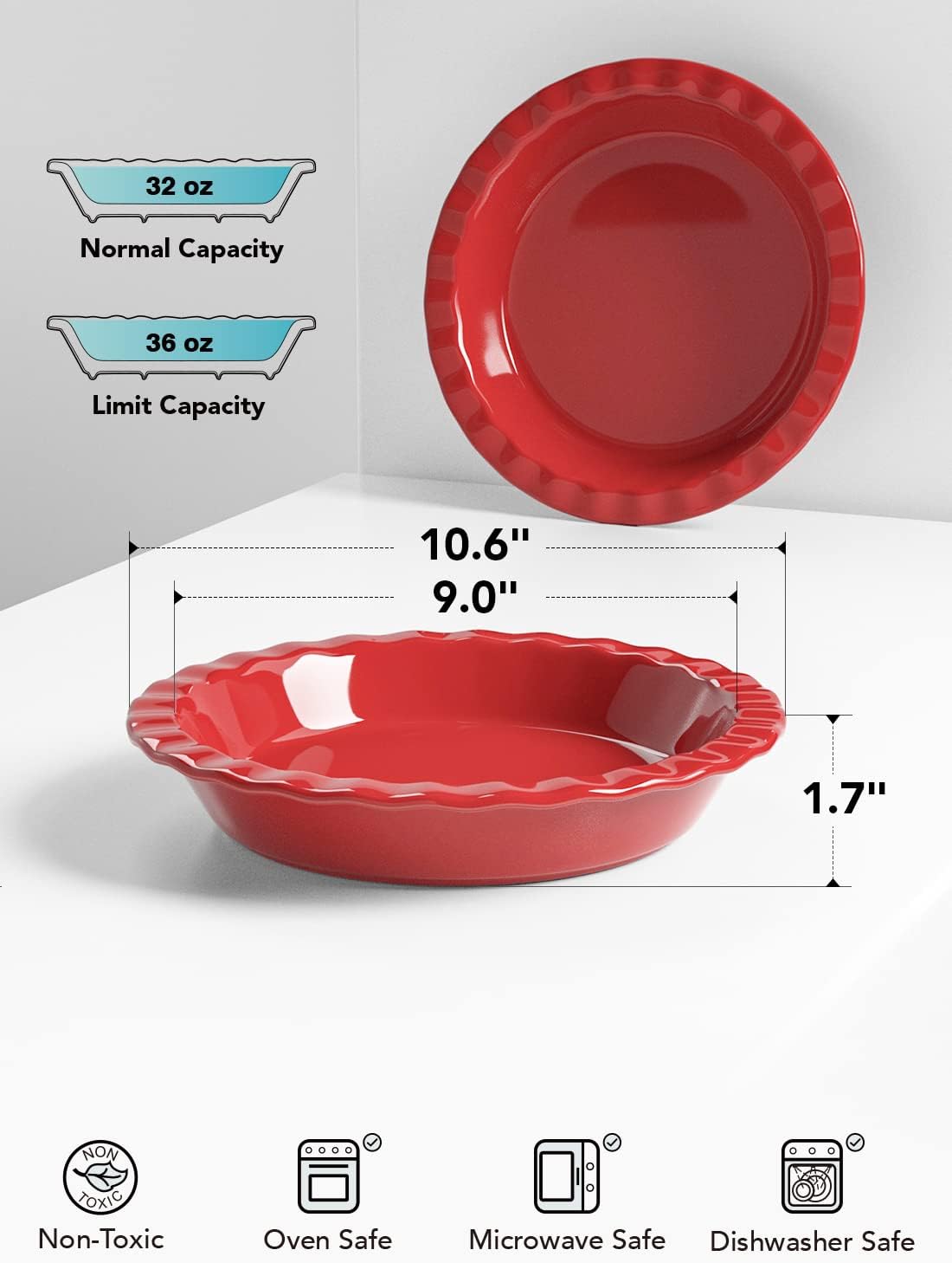 LE TAUCI Ceramic Pie Pans for Baking, 9 Inches Pie Plate for Apple Pie, Pecan Pie, 36 Ounce Deep Dish Pie Pan, Set of 2, Red