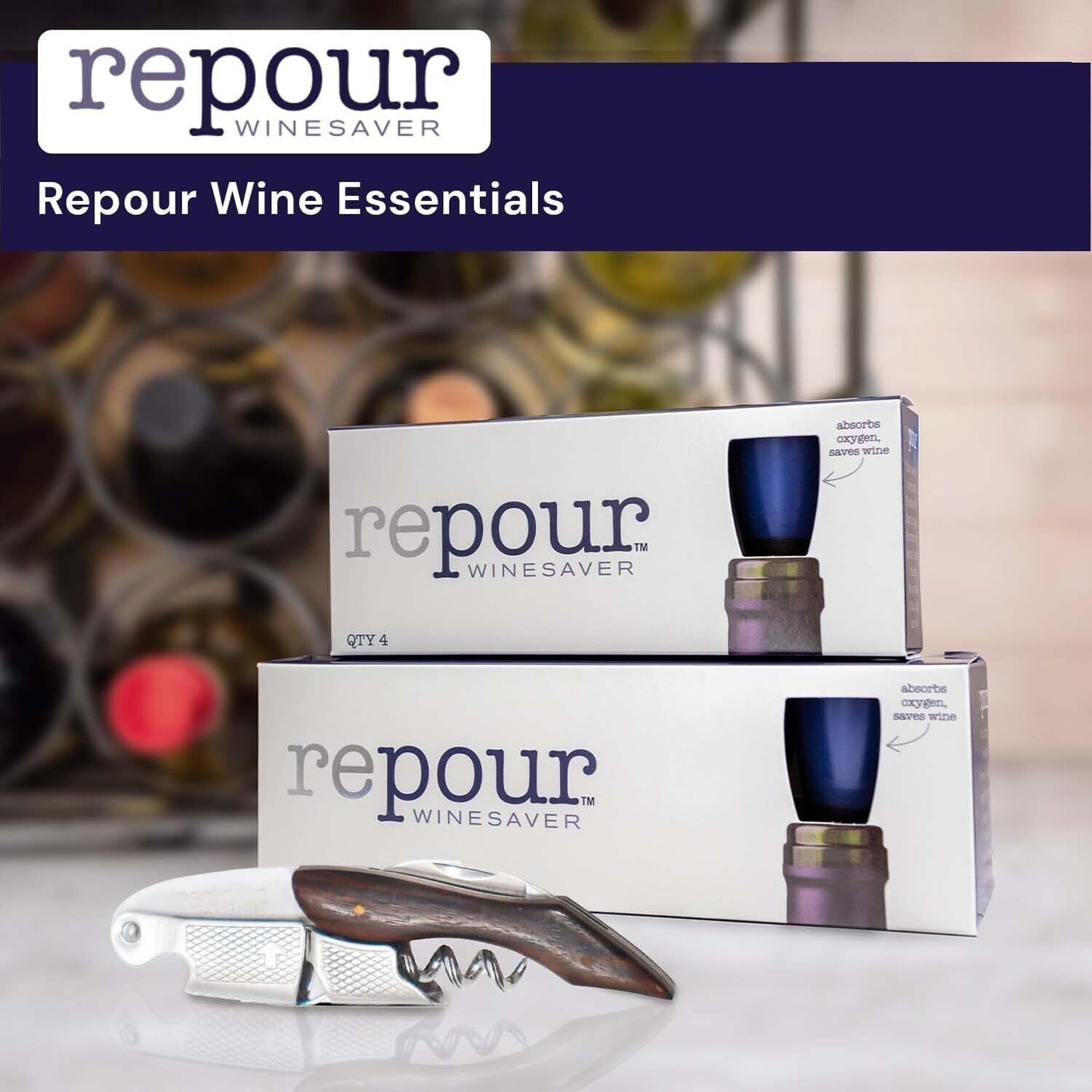 Wine Essentials Combo Pack - Premium Corkscrew & Saver | Manual Key Removes Corks, Stopper Preserves Easily | Perfect for Lovers and Enthusiasts (Mahogany 4 Pack)