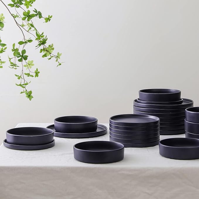 Stone Lain Cleo Stoneware 32-Piece Modern Dinnerware Set, Plates and Bowls, Dark Blue, Service for 8, Microwave & Dishwasher Safe