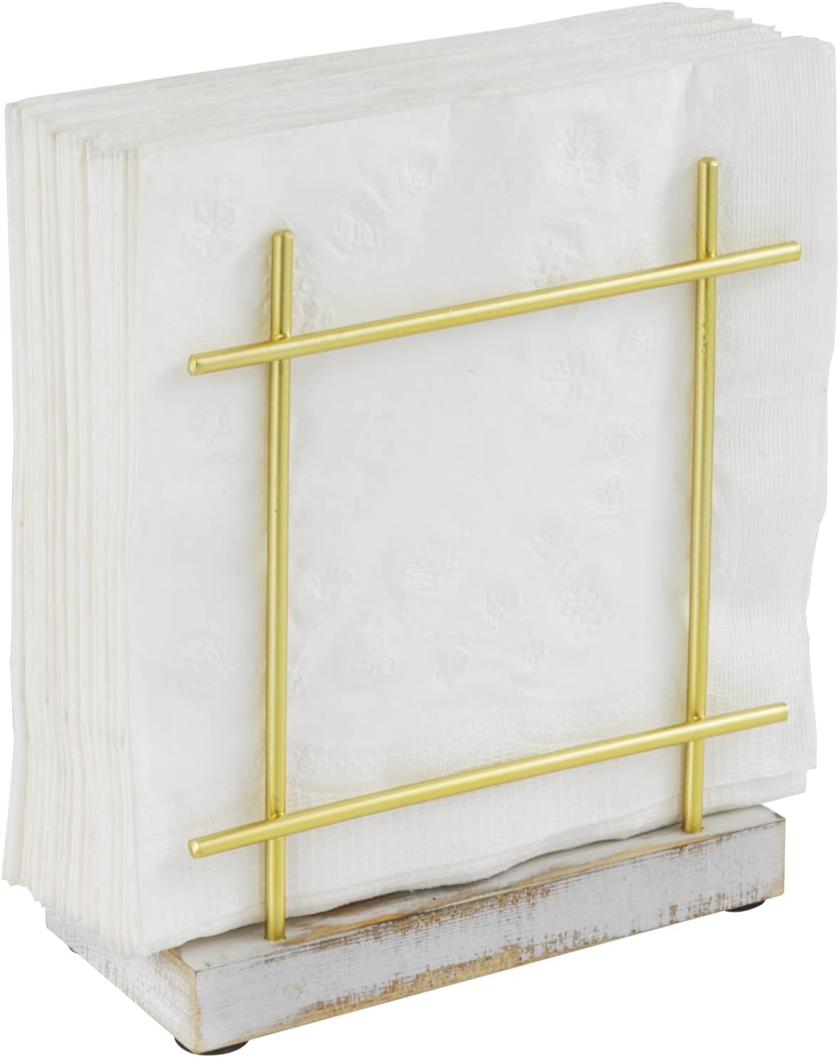 MyGift Metal Napkin Holder with Shabby Whitewashed Solid Wood Base, Dining Table Square Napkin and Cocktail Serviette Dispenser Rack, Kitchen and Dining Accessories