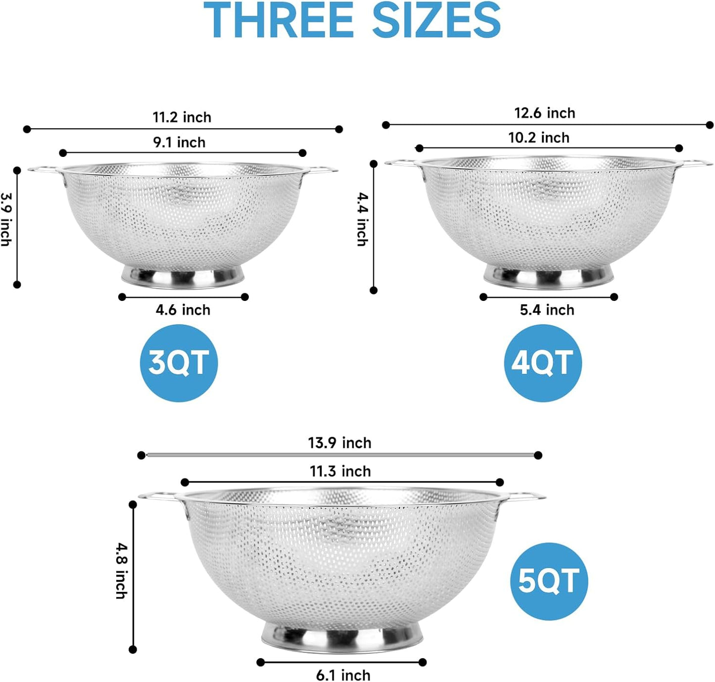 Colander for Kitchen, 4QT, Stainless Steel Colander Strainer with Handle for Fruits Vegetables Cooking Food, Dishwasher Safe