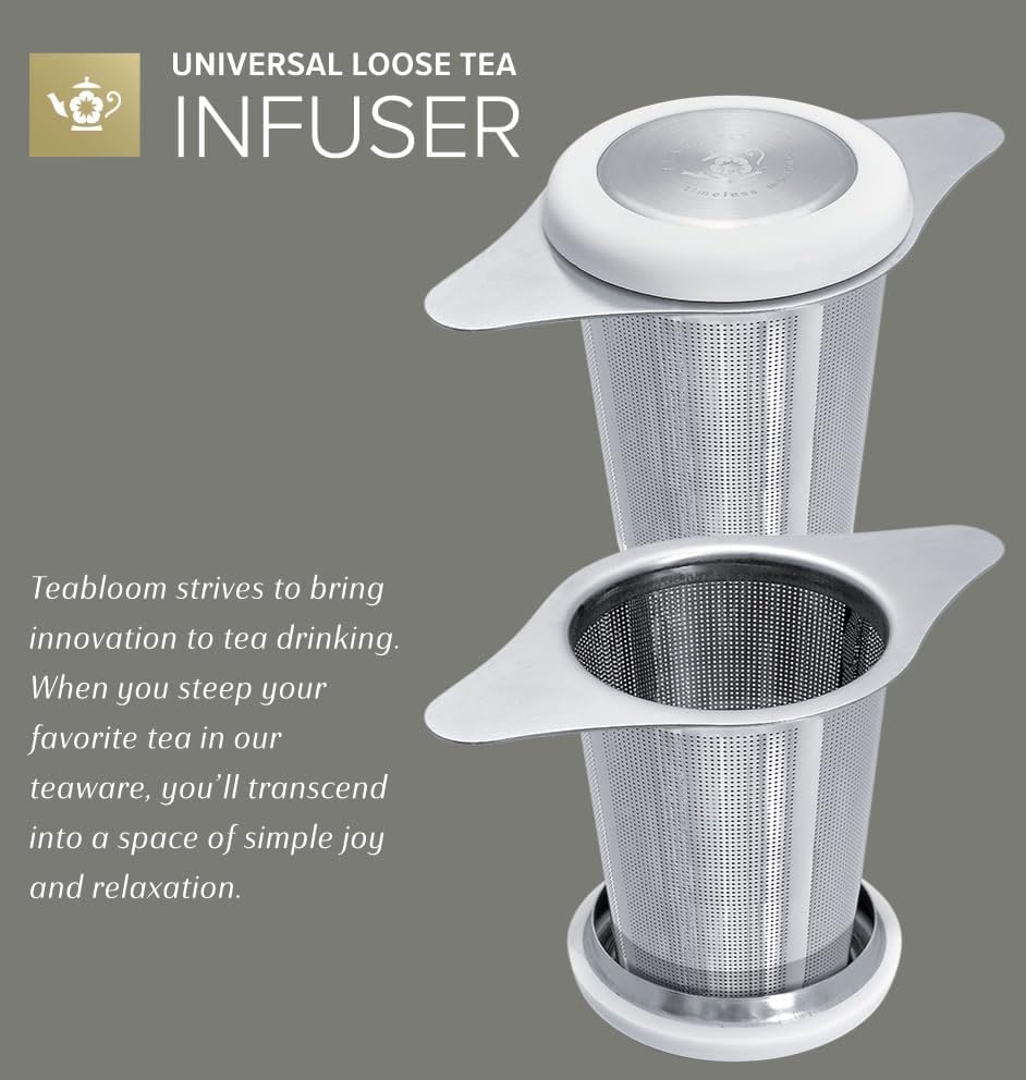 Teabloom Universal Loose Tea Infuser with Dual-Purpose Lid/Dish – Fits Cups, Mugs, Teapots – Tea Connoisseur's Choice – Steep Tea or Coffee
