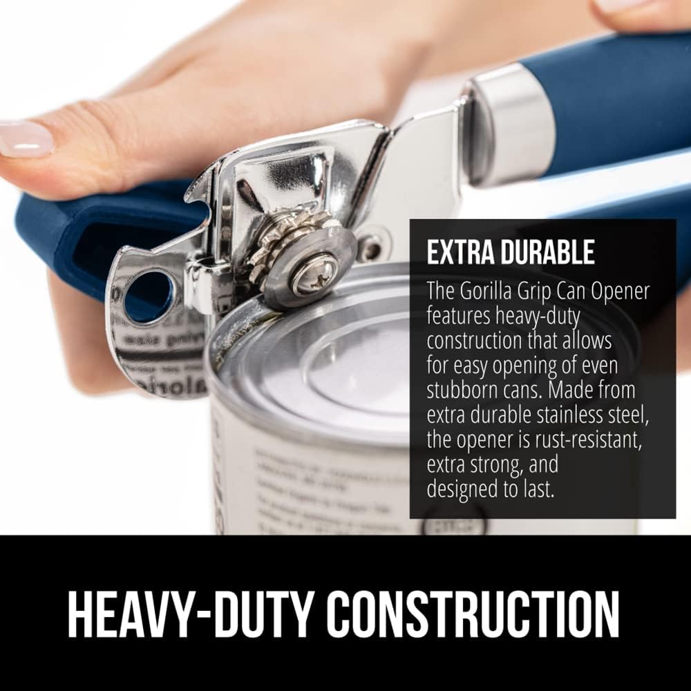 GORILLA GRIP Heavy Duty Stainless Steel Smooth Edge Manual Can Opener and Bottle Openers, Soft Comfortable Handle, Oversized Handheld Turn Knob, US Designed Multifunctional Kitchen Tool, Blue
