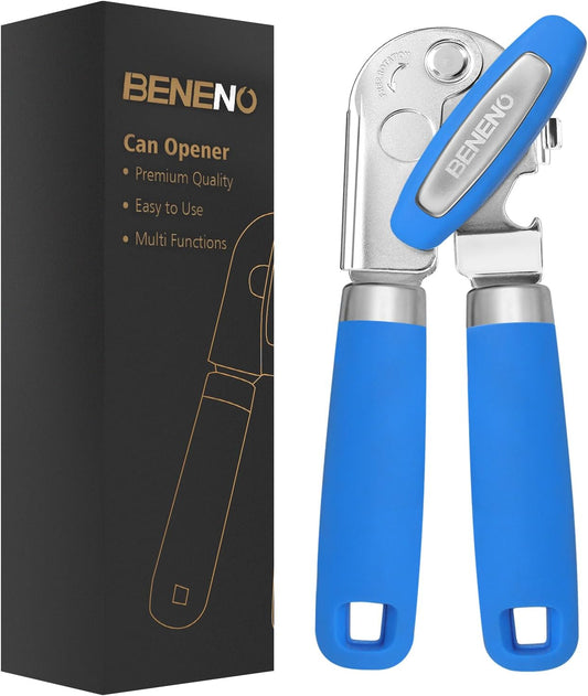 Beneno Can Opener Manual with Magnet, Hand Held Heavy Duty Can Opener with Durable Sharp Blade Smooth Edge, Big Effort-Saving Knob, Soft Grip Rubber Handle, Multifunctional Bottle Opener, Klein Blue