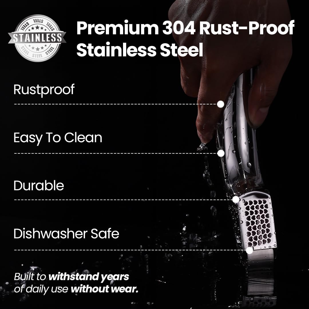 No Peeling Required Garlic Press Stainless Steel Detachable Handle for Coarse Mince, Premium Garlic Mince Tool, Rust-Proof, Easy to Clean, Dishwasher Safe, Garlic Crusher Lifetime Replacement