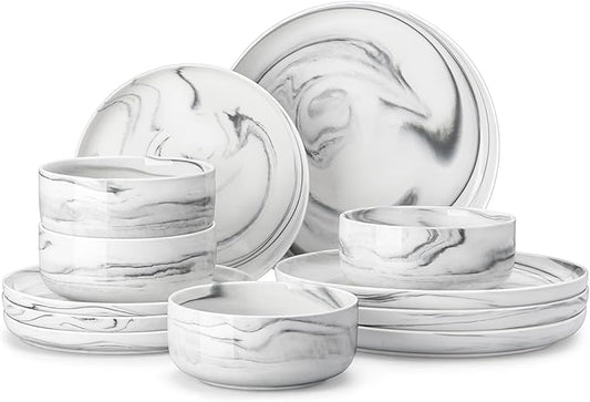 MALACASA Plates and Bowls Sets, 12 Pieces Porcelain Dinnerware Sets Dishware Sets Chip Resistant Ceramic Dish Set Dining Dinner Ware Service for 4, Marble Grey, Series LUNA