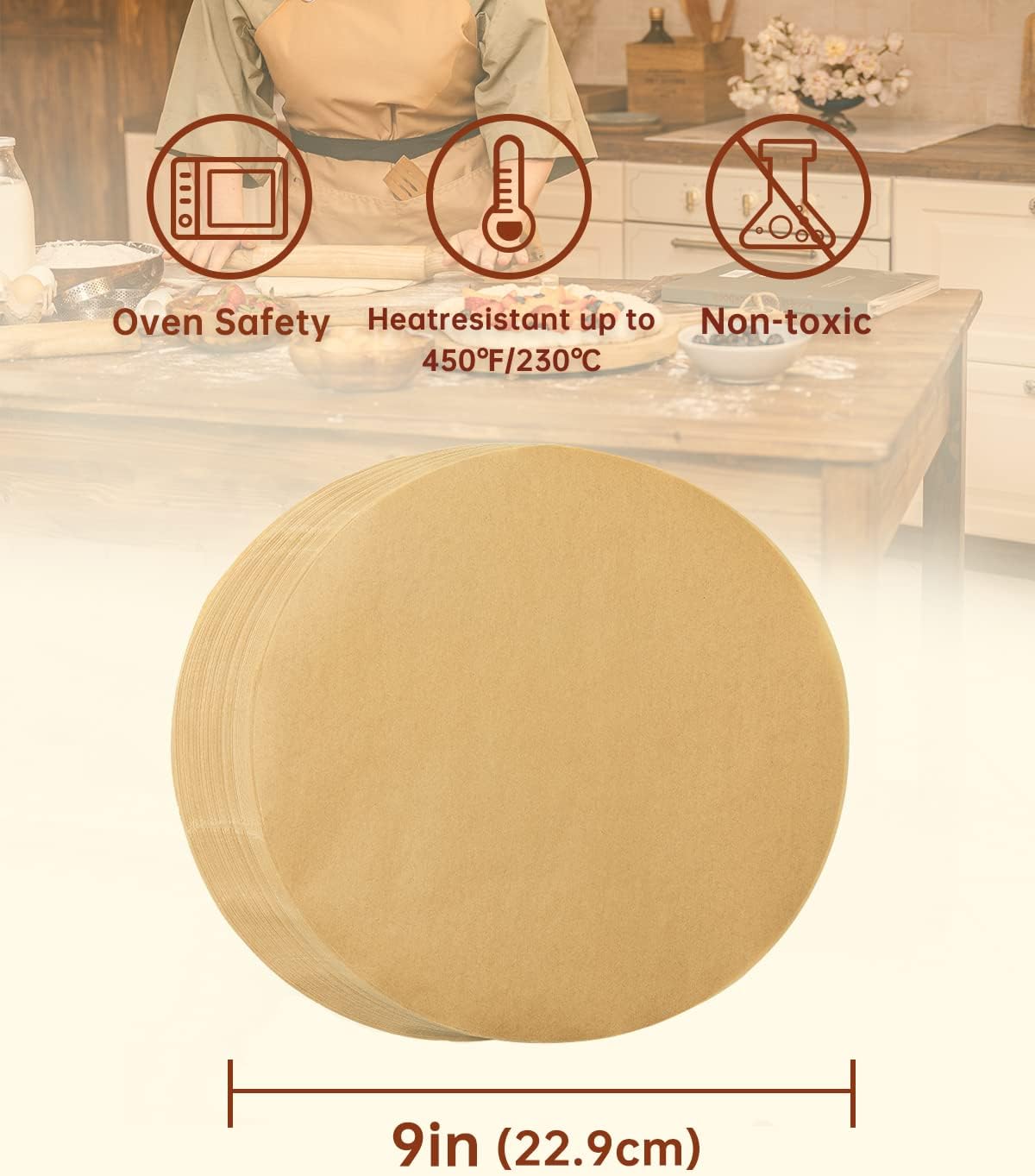 Katbite 200Pcs 9 Inch Parchment Paper Rounds, Unbleached & Non-stick, Precut Parchment Circles for Cheesecake Spring Pans, Storage/Freezing Hamburger Patties