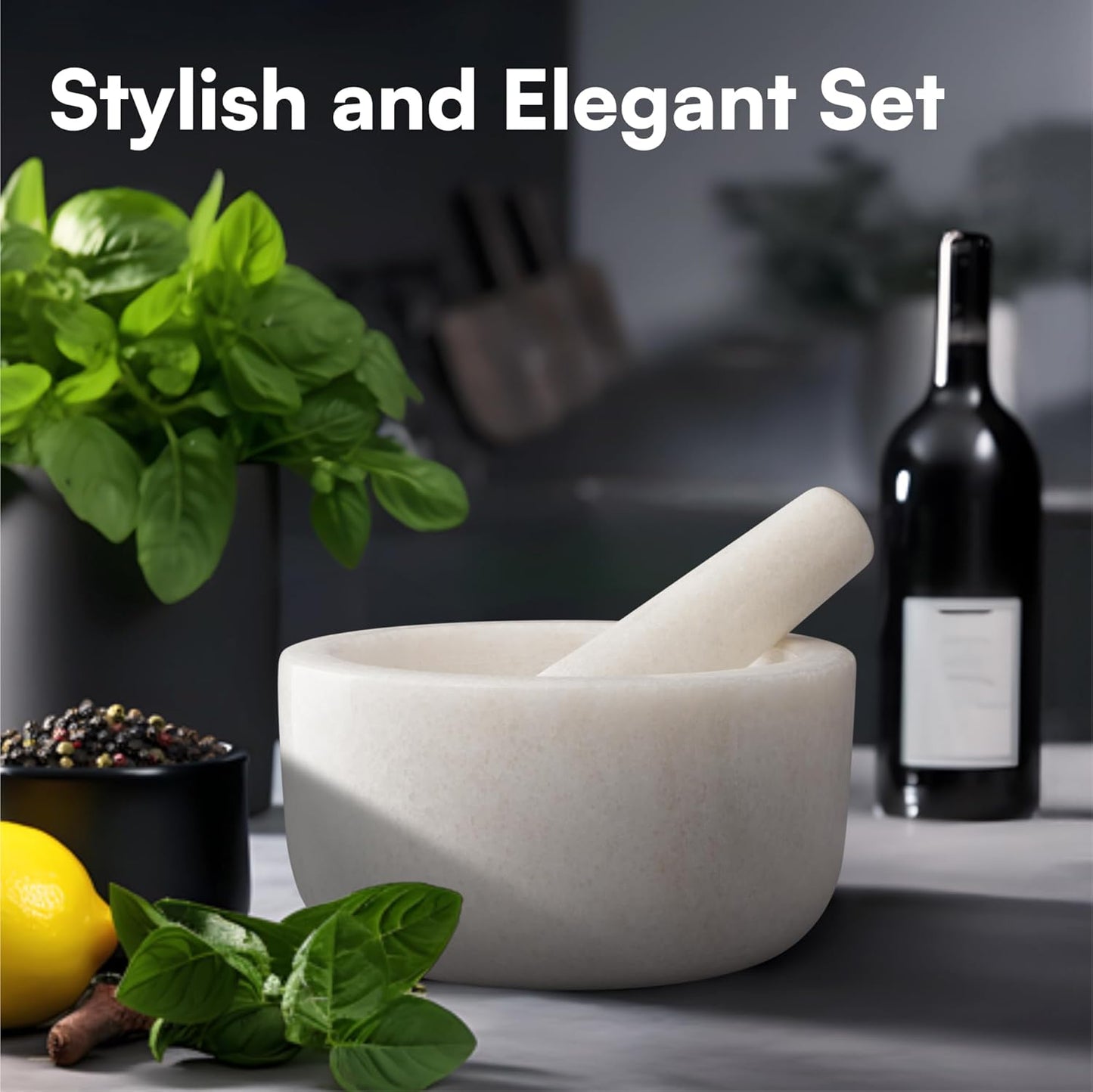 H&S Alliance Mortar and Pestle Set - Premium Stone Pestle and Mortar Bowl & Grinder - Spice Herb Crusher Pesto Guacamole Maker for Kitchen - 7.1" (18cm) Diameter - White Marble