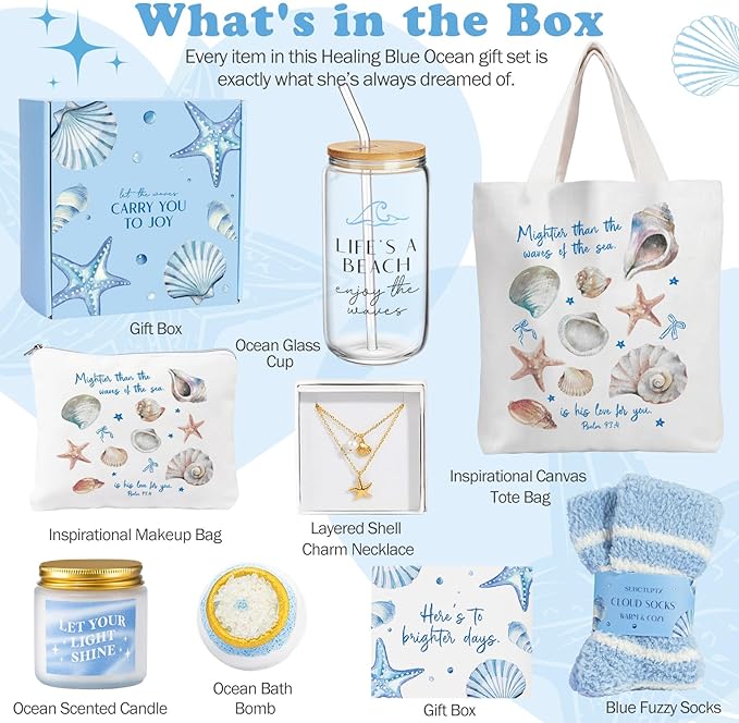 Gifts for Women, 8pcs Ocean Happy Birthday Gifts for Women, Christmas Ideas Inspirational Get Well Soon Gift Baskets Mothers Day Box w/ Seashell Tote Bag for Her Mom Sister Friend Friendship