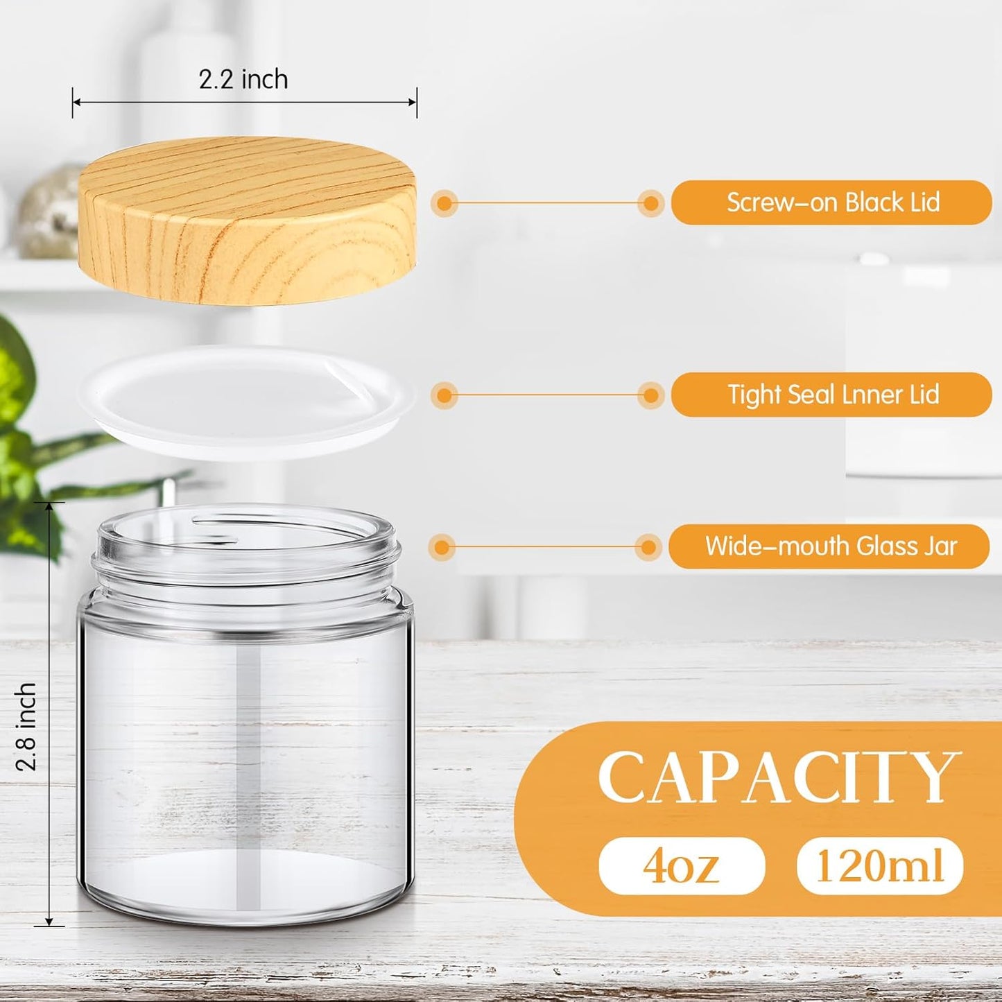 Norme 64 Pcs 4 oz Glass Jars with Lids Empty Small Glass Containers and Inner Liners Reusable Cosmetic Jars Round Airtight Bottles with Plastic Woodgrain Lids for Travel