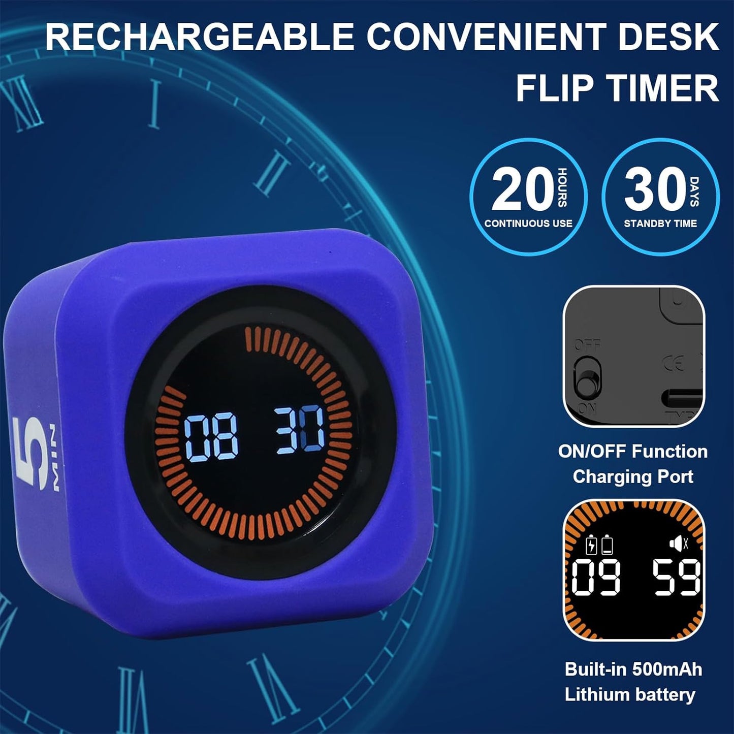 Rotating Cube Visual Timer 5, 25, 10 50 Minutes Preset + Custom Countdown, Rechargeable Desk Productivity Flip Timer with Detachable Silicone Cover for ADHD Study Work Kitchen School (White)