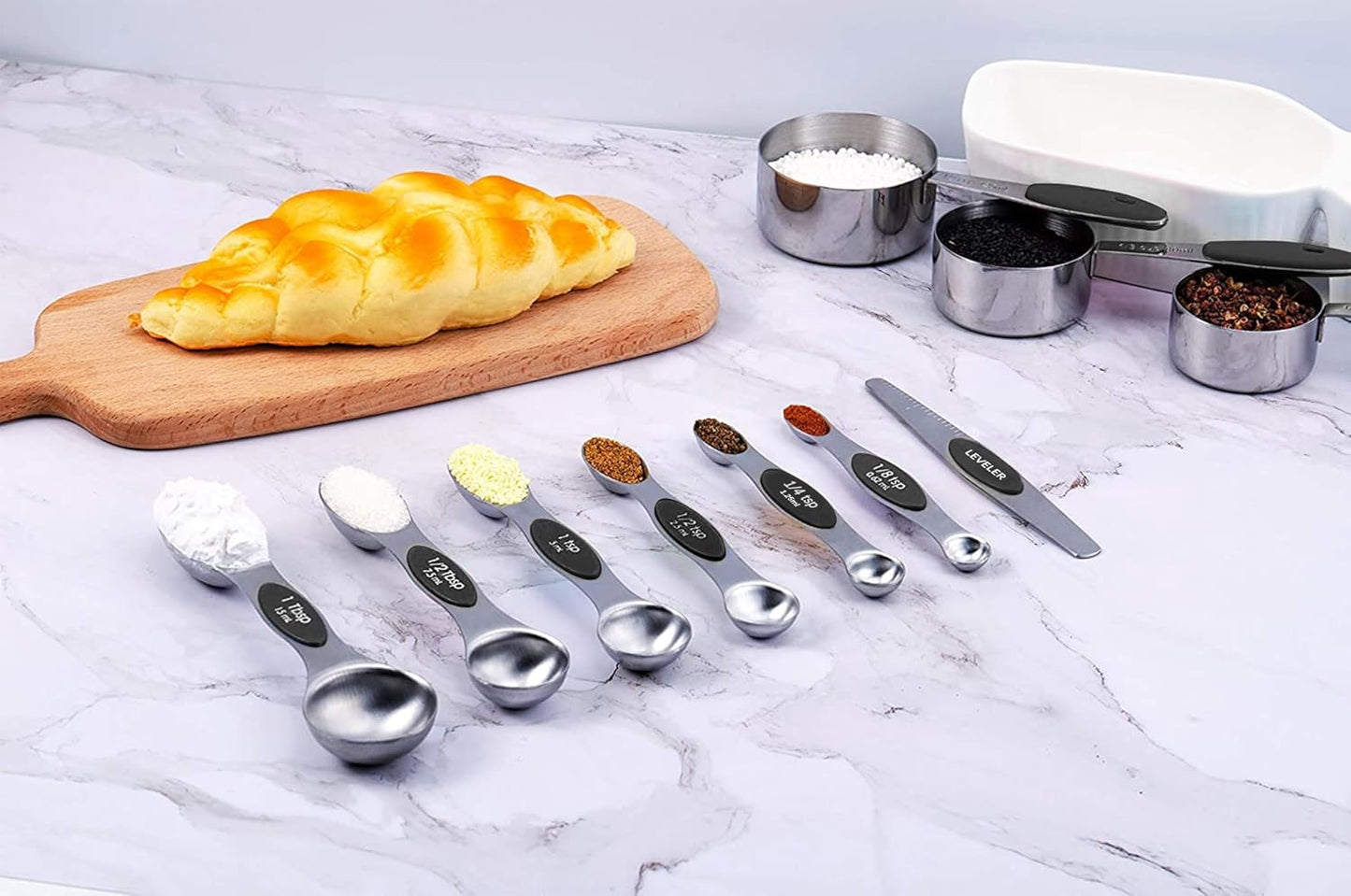 TILUCK measuring cups and magnetic measuring spoons set, stainless steel measuring cups, 6 double-sided stainless steel measuring spoons & 1 leveler (6+7)