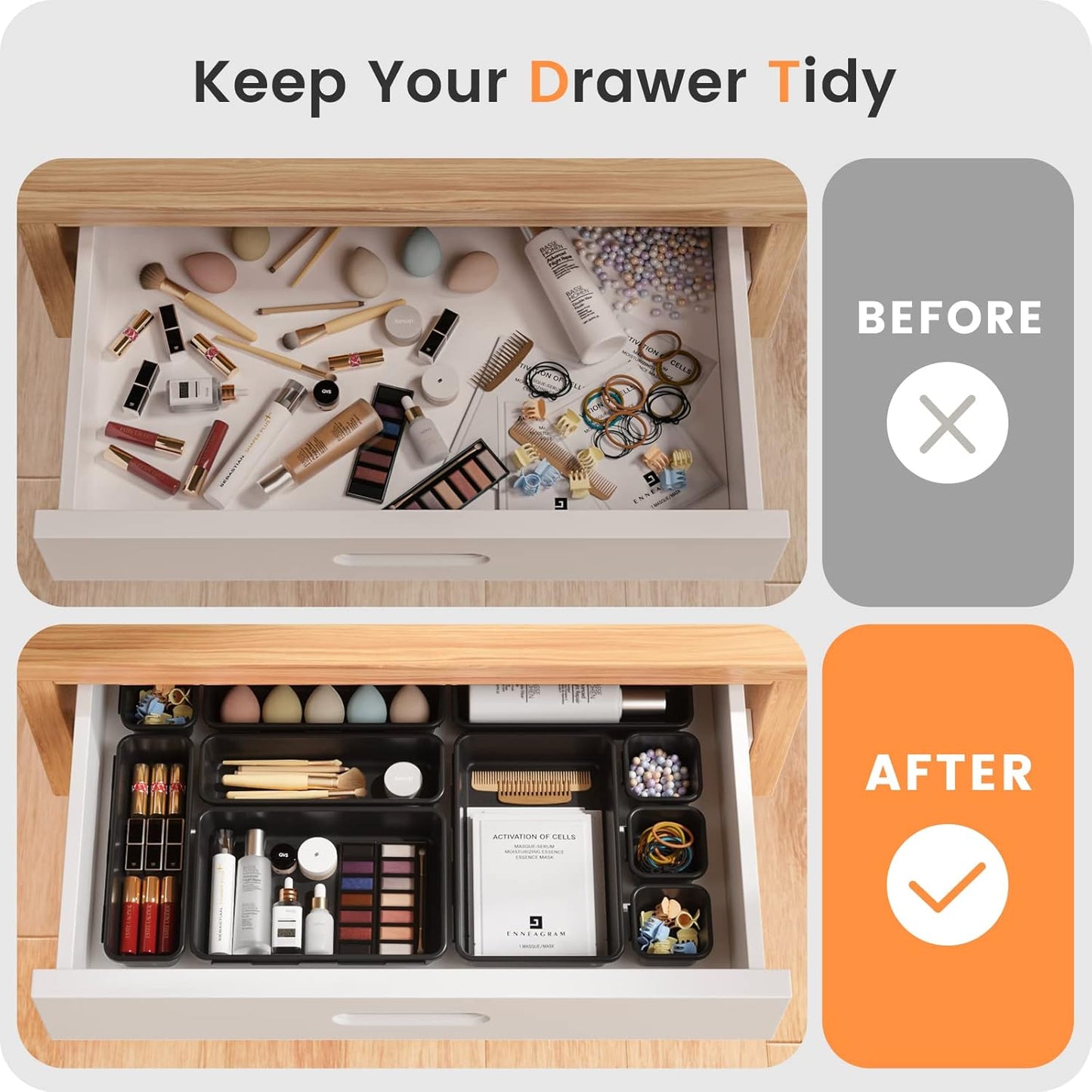 【𝟮𝟮𝗣𝗖𝗦】A-LUGEI Plastic Black Desk Drawer Organizer, Bathroom Organizers and Storage, Makeup Organizer, Organization and Storage Bin Container for Vanity Office Utensils Tool Pantry Cosmetic