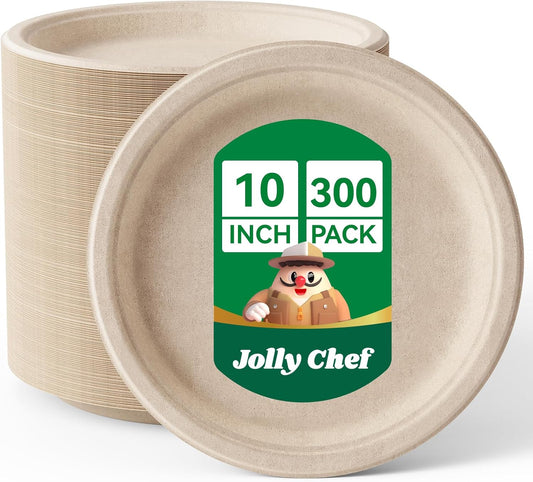 JOLLY CHEF Compostable Heavy Duty Plates 𝟭𝟬 𝗜𝗻𝗰𝗵 [𝟯𝟬𝟬 𝗣𝗮𝗰𝗸] Eco-Friendly Disposable Paper Plates Made of Bagasse Biodegradable Bulk for Party Dinner Sugarcane Fibers Round (Natural)