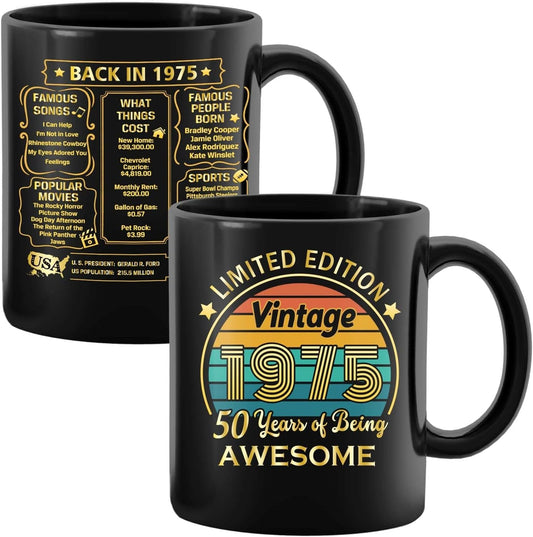 QUPT 50th Birthday Gifts for Women Men, 50th Birthday Gifts for Him, 1975 Birthday Gifts for Women Men, 50 Years Old Gifts, 1975 Birthday Gifts for Her Him, 50th Birthday Presents Coffee Mug
