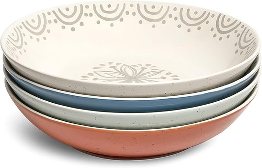 Sango 4-Piece Speckled Stoneware Pasta Bowl Set- Wide Shallow Dinner Bowls with Hand-Painted Rustic Design, Farmhouse Glossy Large Ceramic Bowls for Pasta, Salad & Everyday Meal, Siterra Glazed Garden