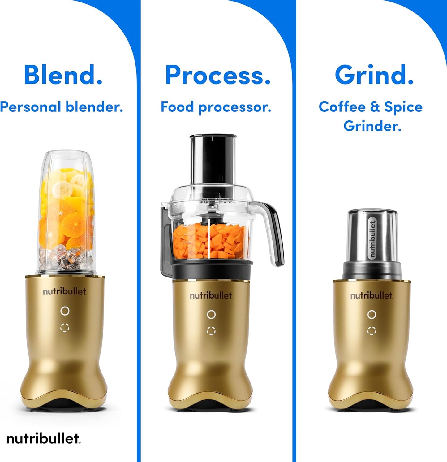 nutribullet® Ultra Plus+ 3-1 Compact Kitchen System, 1200W Kitchen System with Blender, Food Processor, and Coffee and Spice Grinder, 32oz and 24oz Blending Cups, 2-Cup Food Processor, Brass