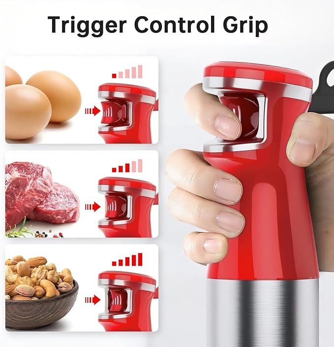 Immersion Blender Handheld Corded Hand Blenders Set 1100W, Trigger Variable Speed 5 in 1 Stick Emulsifier with Chopper, Whisk and Frother for Soup, Baby Food and Smoothies, Christmas red