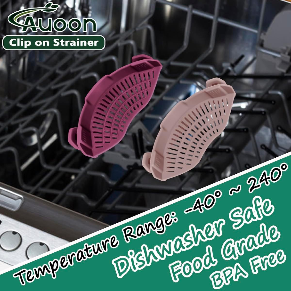 AUOON Silicone Clip on Strainer - Adjustable Strainers and Colanders for All Pots Pans and Bowls | Practical Kitchen Gadgets for Cooking and Draining (Cherry)