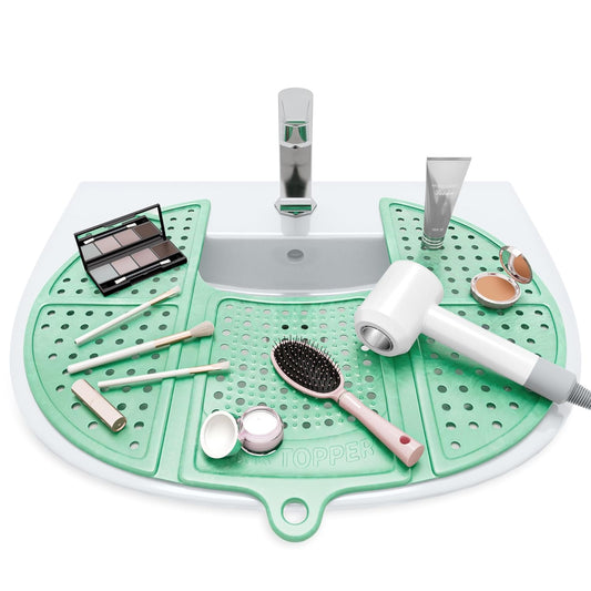 Sink Topper Bathroom Counter Cover & Storage Saver, Foldable Silicone Mat for Hot Tools, Hair Styling & Makeup, Beauty Brush Cleaning Mat, RV Camper Sink Cover & for Small Spaces (Standard Green)