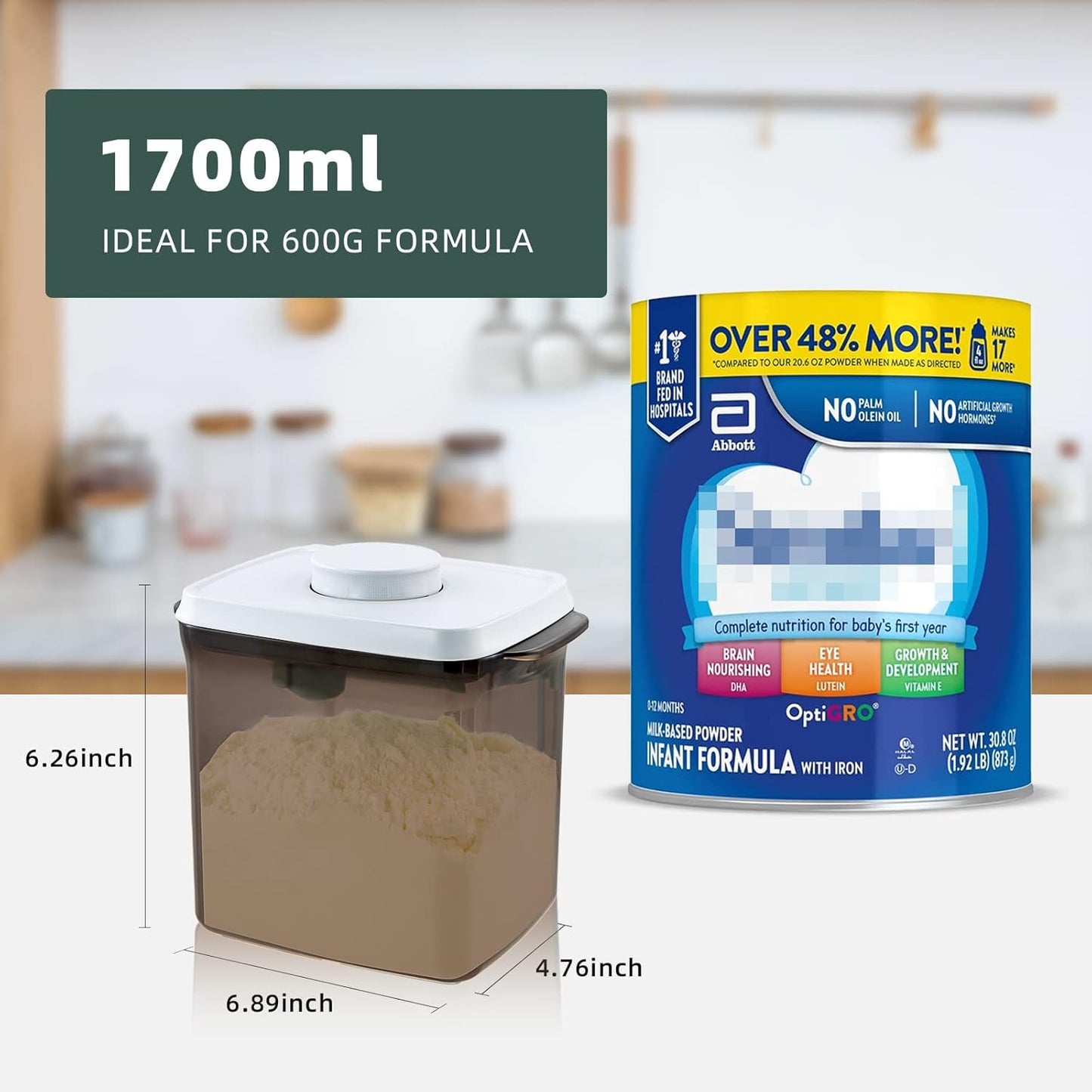 1700ml Airtight Formula Container Pop Up Milk Powder Container Formula Dispenser, 21OZ, 1.32LB, 600g, Brown
