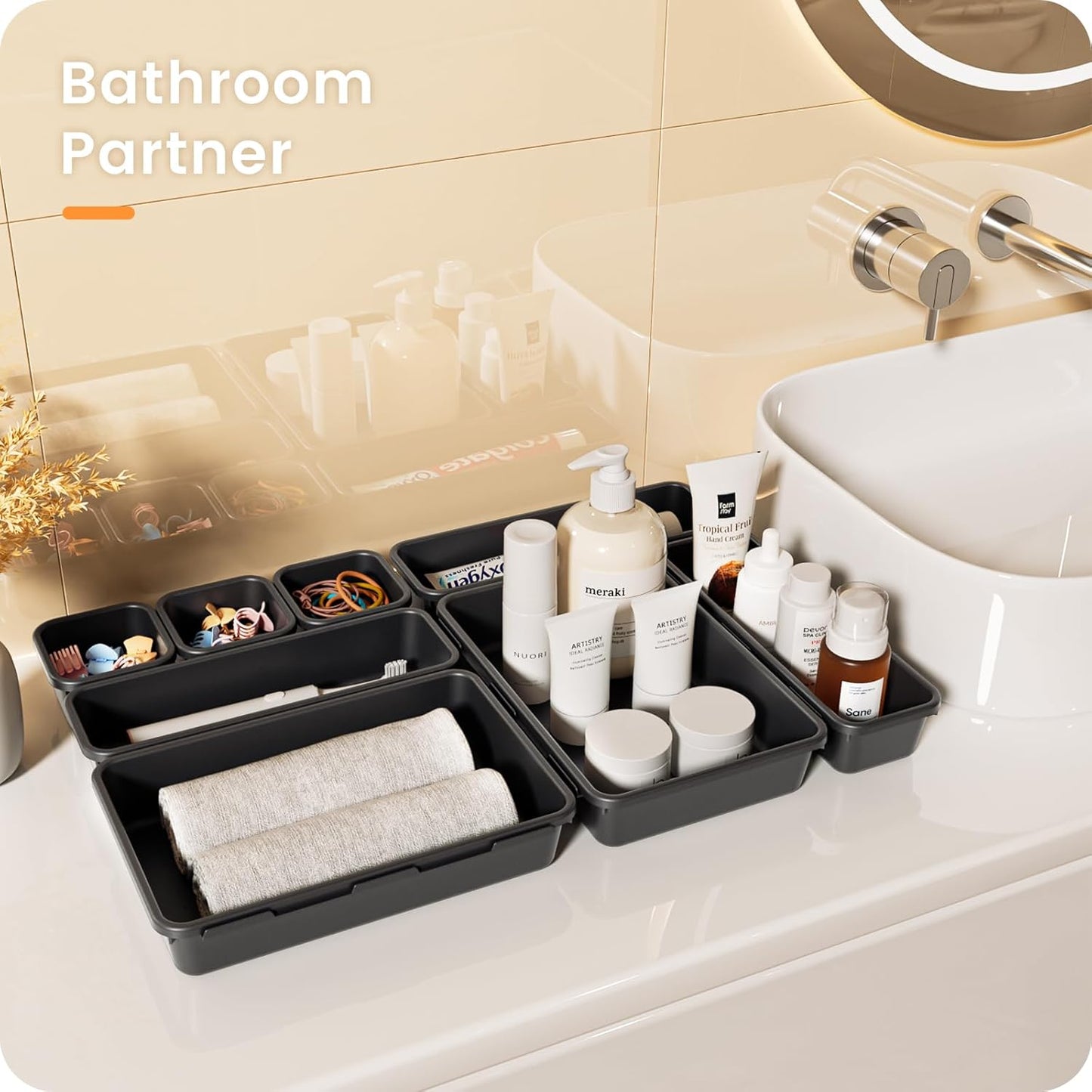 【𝟮𝟮𝗣𝗖𝗦】A-LUGEI Plastic Black Desk Drawer Organizer, Bathroom Organizers and Storage, Makeup Organizer, Organization and Storage Bin Container for Vanity Office Utensils Tool Pantry Cosmetic