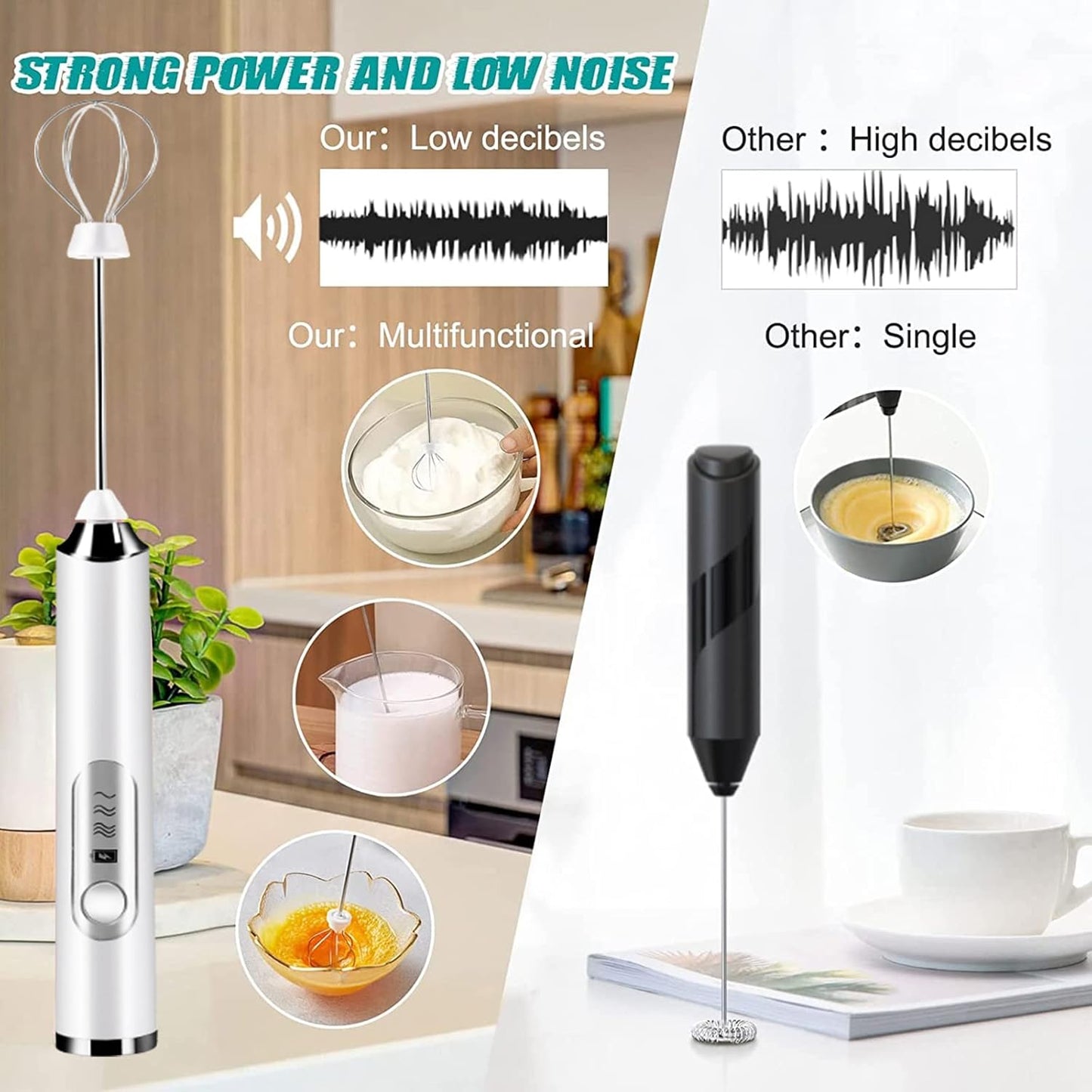 Rechargeable Milk Frother, 3-Speed Electric Handheld Frother with 2 Whisks and Coffee Decoration Tool, Stand-up Design, for Cream, Latte, Cappuccino (Black)
