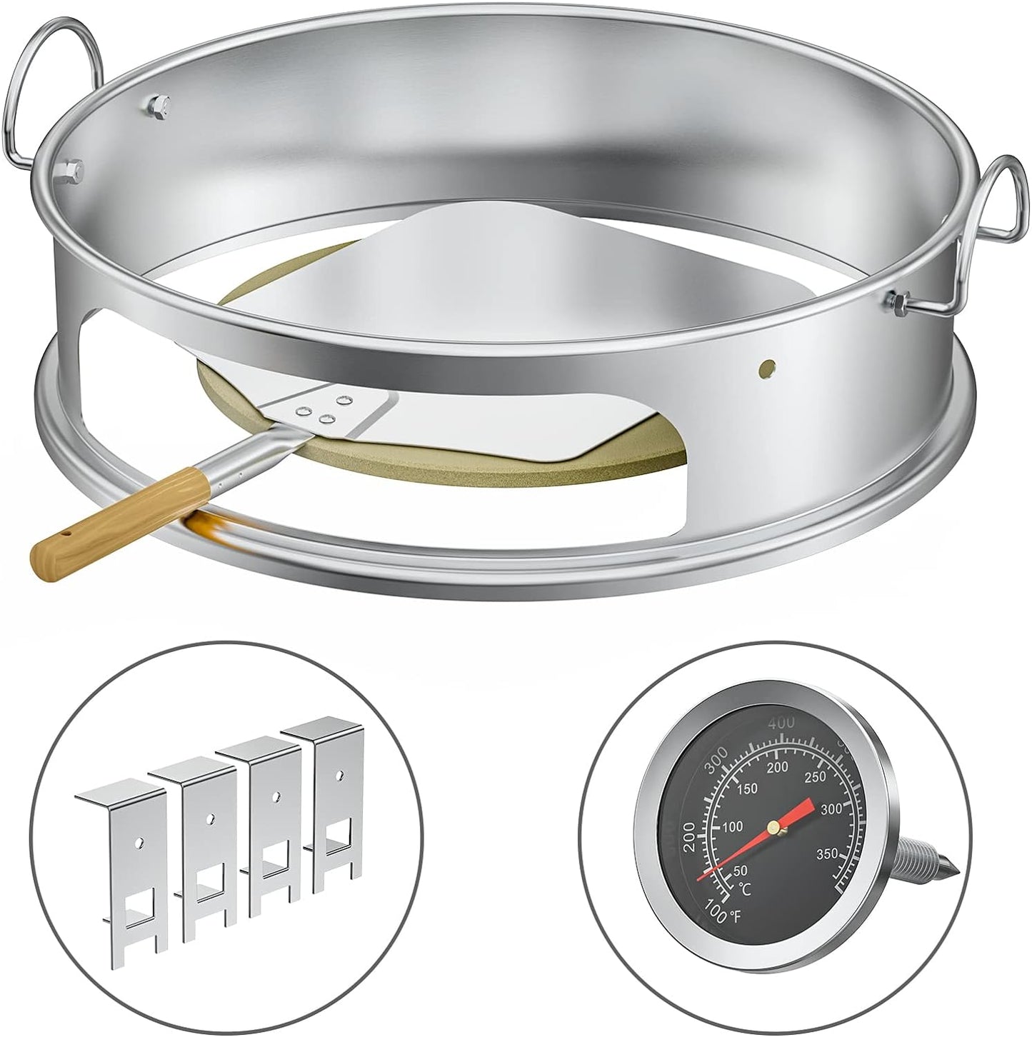 onlyfire Stainless Steel Pizza Ring Kit Pizza Oven Kit for Weber 22-Inch Kettle Grills - Include Pizza Stone and Aluminum Peel