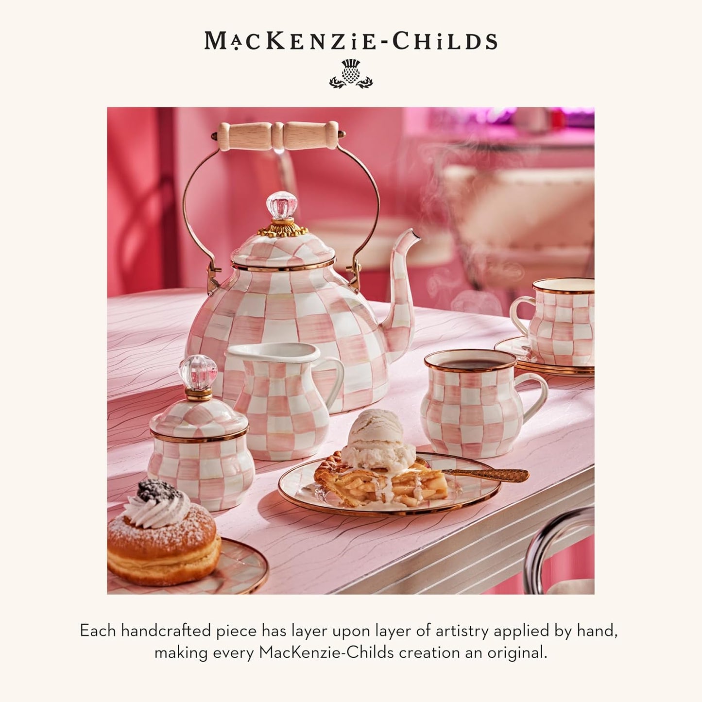 MACKENZIE-CHILDS Enamel Serving Bowl, Enamel Serveware Bowl, 12 Inches, Pink-and-White Rosy Check