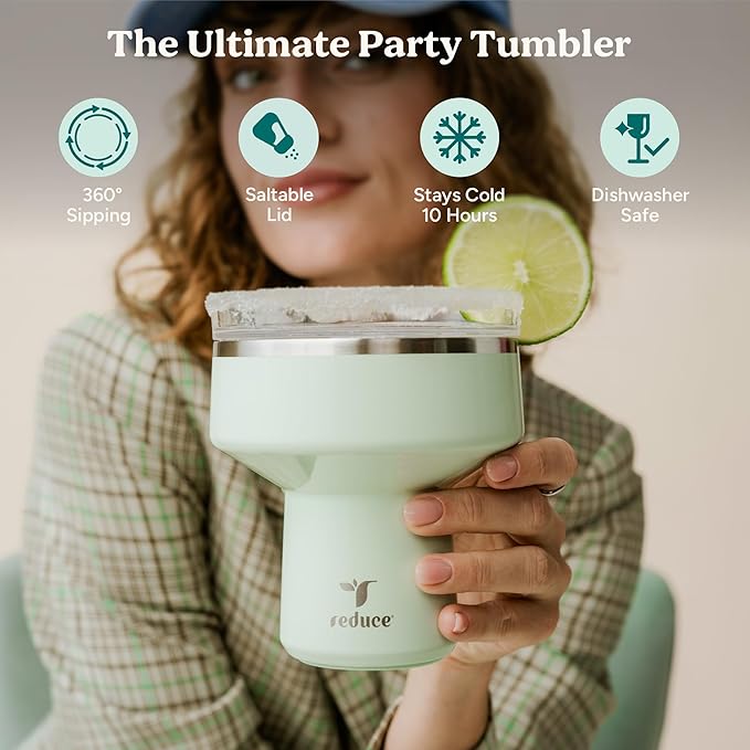 REDUCE Saltini 16 oz Cocktail Tumbler - Insulated Margarita Tumbler with Lid - Keeps Drinks Cold for 10 Hours - 360 Sippable Martini Glass Alternative - Shatterproof, Perfect for Parties - Palm Leaf