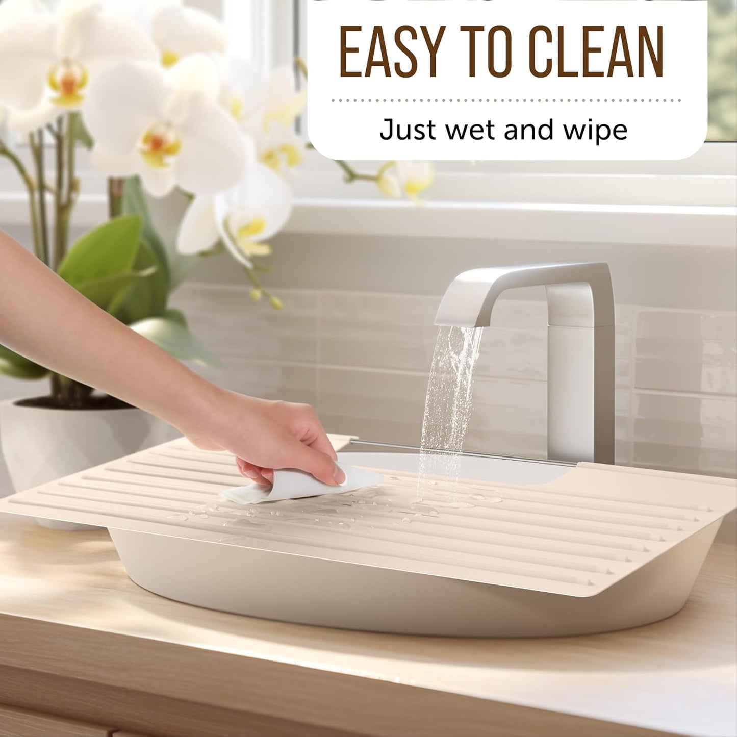 Maplefield Bathroom Sink Mat Cover - Small Beige Silicone - Heat Resistant up to 400°F - Foldable Oval Sink Cover & Makeup Mat with Raised Ridges