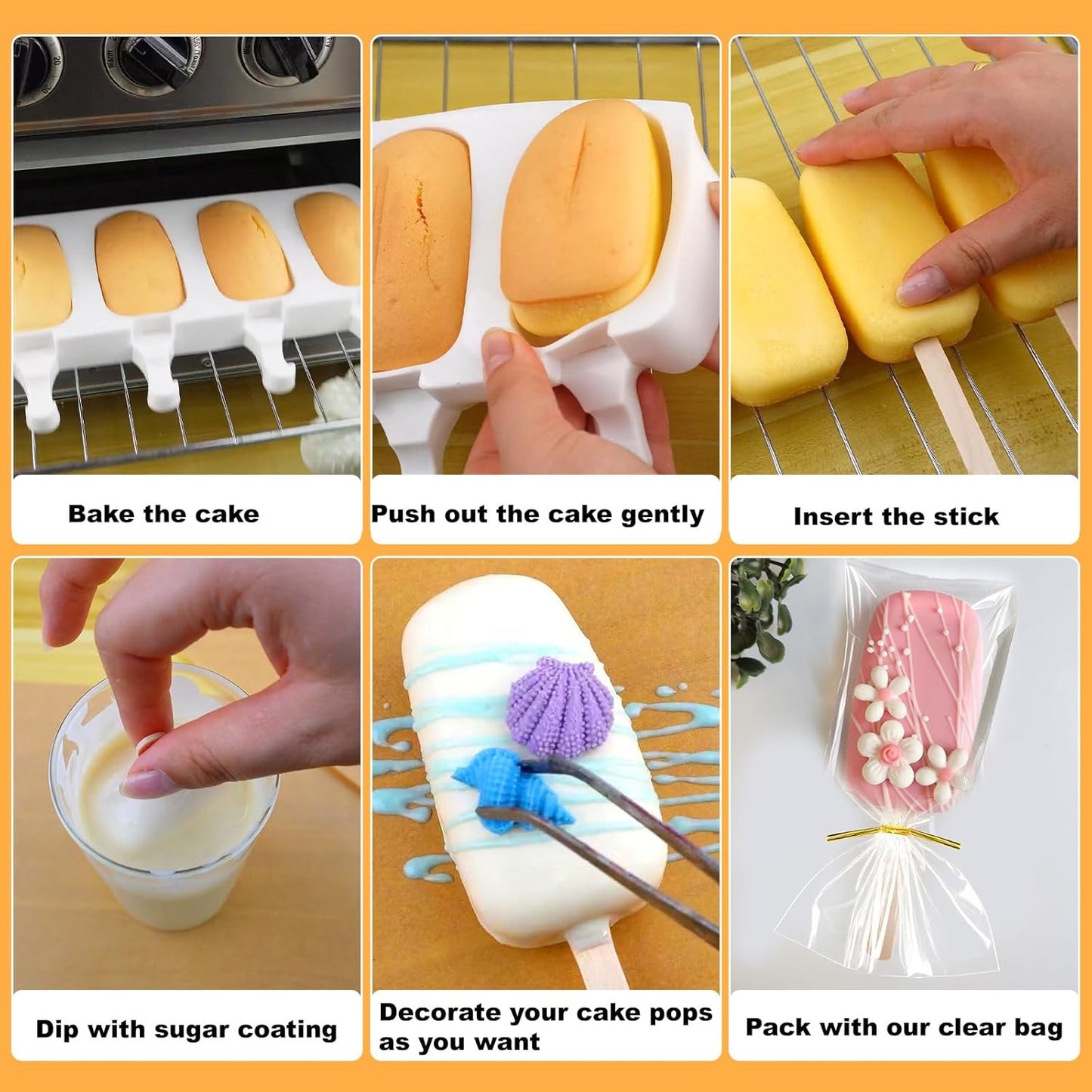 Juome Cake Pop Mold Kit, 2 Pack 8 Cavities Cakesicle Molds Silicone with 100 Wooden Sticks & 100 Packaging Bags with Ties, Cake Pop Maker Supplies Accessories, Baking Tools for Home Baking Desserts