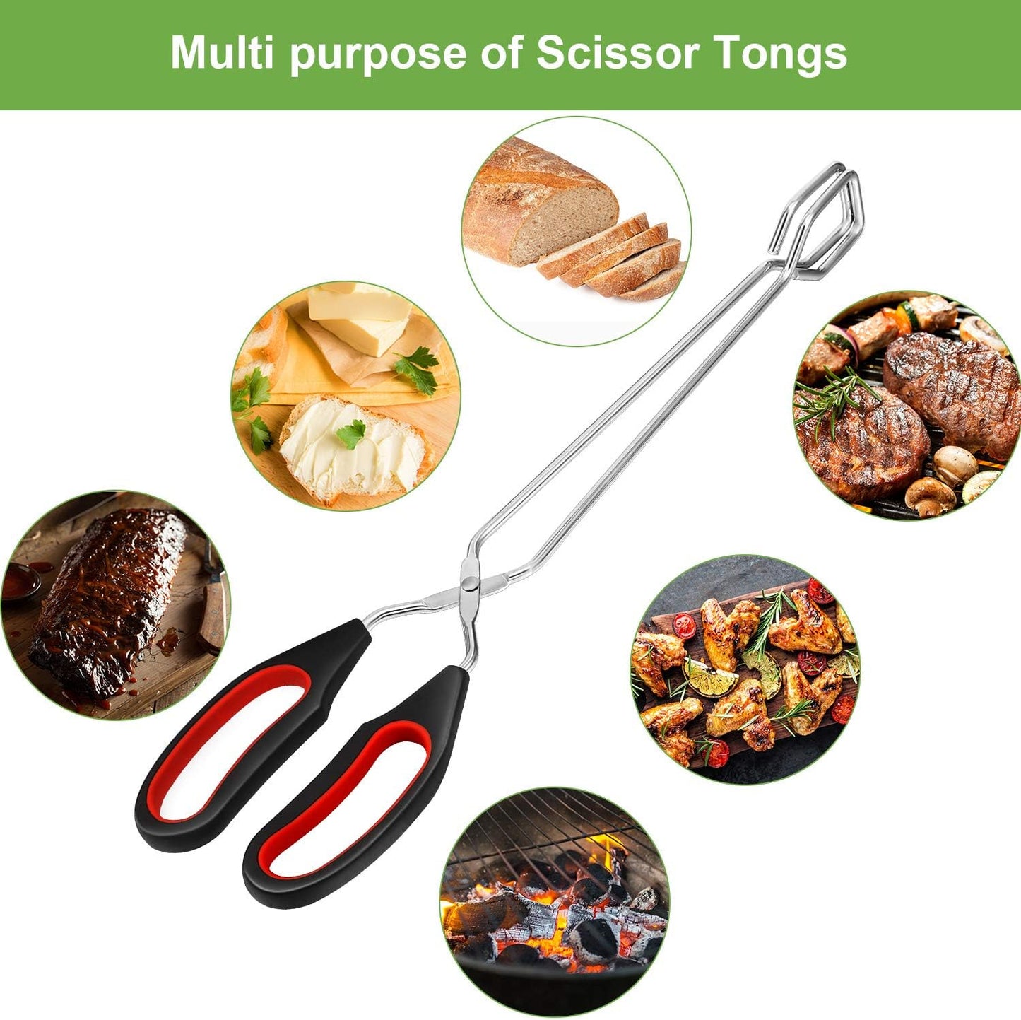 Boao 3 Pack Stainless Steel Scissor Metal Tongs Kitchen Wire Tongs for Cooking 9-inch 11-inch and 12-inch Heat Resistant Small Scissor for BBQ Grilling Tool for Hot Food with Silicone Handle