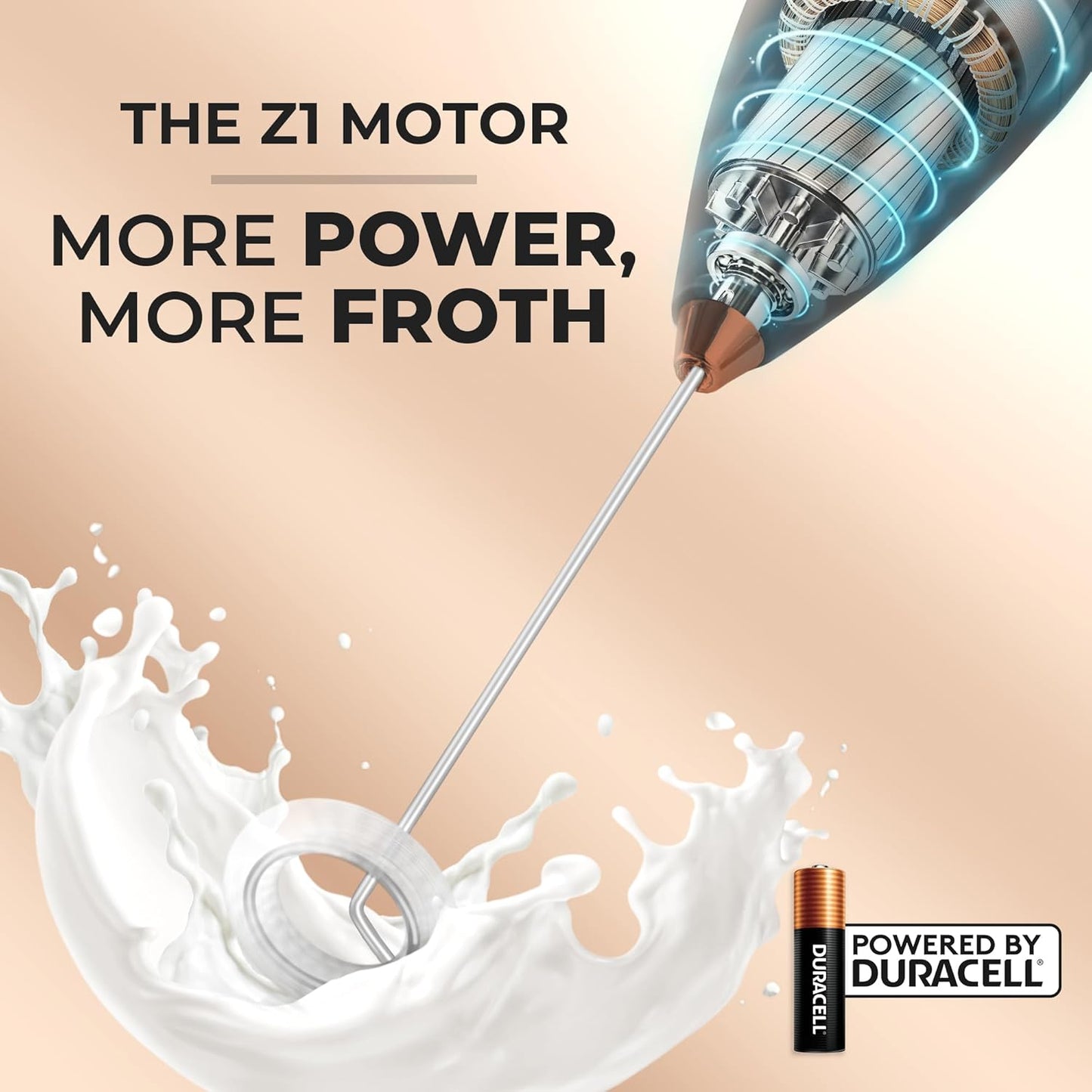 Zulay Powerful Milk Frother (4 Duracell Batteries Included) - Handheld Milk Frother Wand Drink Mixer for Coffee - Powerful Milk Foamer for Cappuccino, Frappe, Matcha & Creamer - Black/Copper