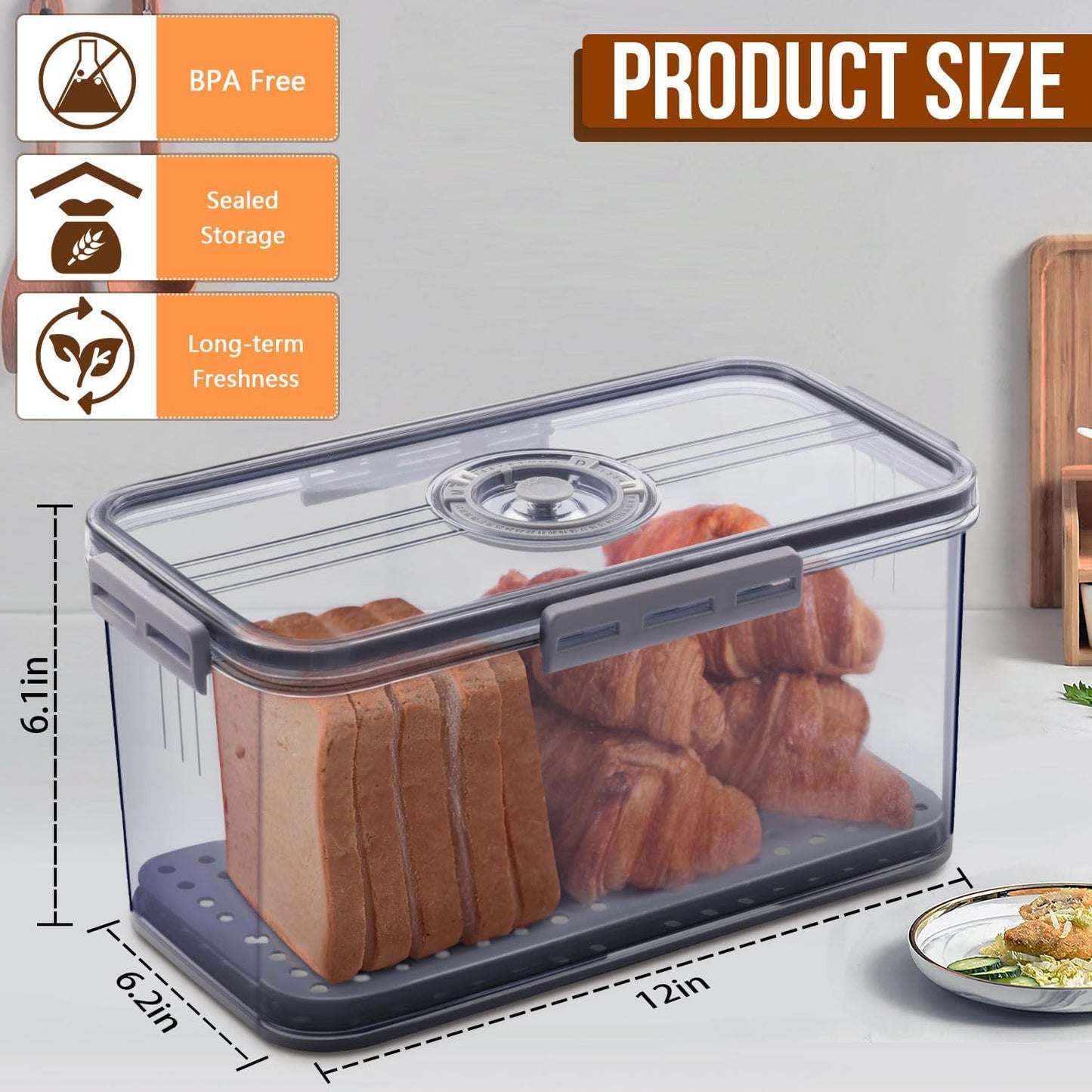 2Pcs Bread Box Bread Boxes for Kitchen Counter Airtight, Double Time Recording Bread Storage Container with Lid, 2 Bread Keeper for Homemade Bread, Toast, Bagel, Donut and Cookies, Grey