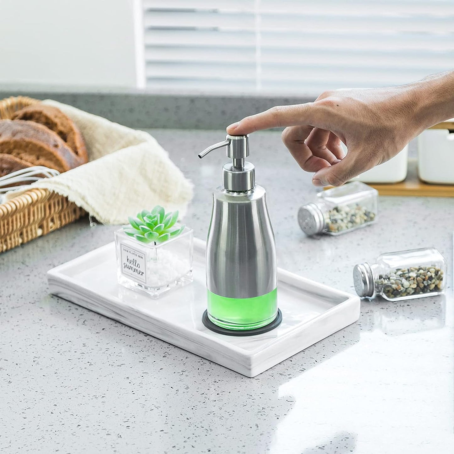 2 Pack Soap Dispenser with Coaster and Stickers, Stainless Steel Case Glass Liner Hand Pump Dispenser, Refillable Liquid Hand Soap Dispenser for Bathroom & Kitchen - Brushed Nickel