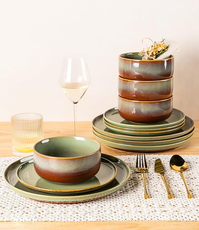 TheTerra Ceramic Dinnerware Sets for 4, 12 Pieces Handmade Reactive Glaze Plates and Bowls Set, Scratch Resistant Dish Set, Oven & Microwave & Dishwasher Safe, Sage Umber