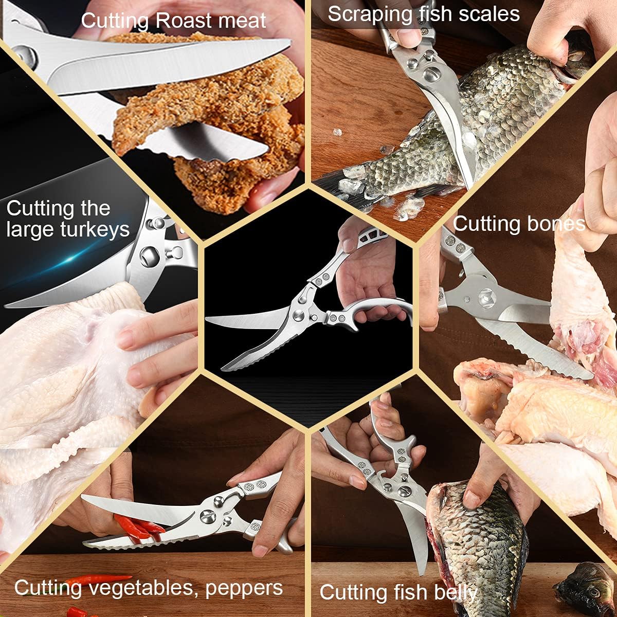 ANDONG Professional Heavy Duty Kitchen Scissors - Spring Loaded Ultra Sharp Stainless Steel Multipurpose Poultry & Cooking Shears for Bones, Meat, Chicken, Fish, Turkey, Vegetables,Dishwasher Safe