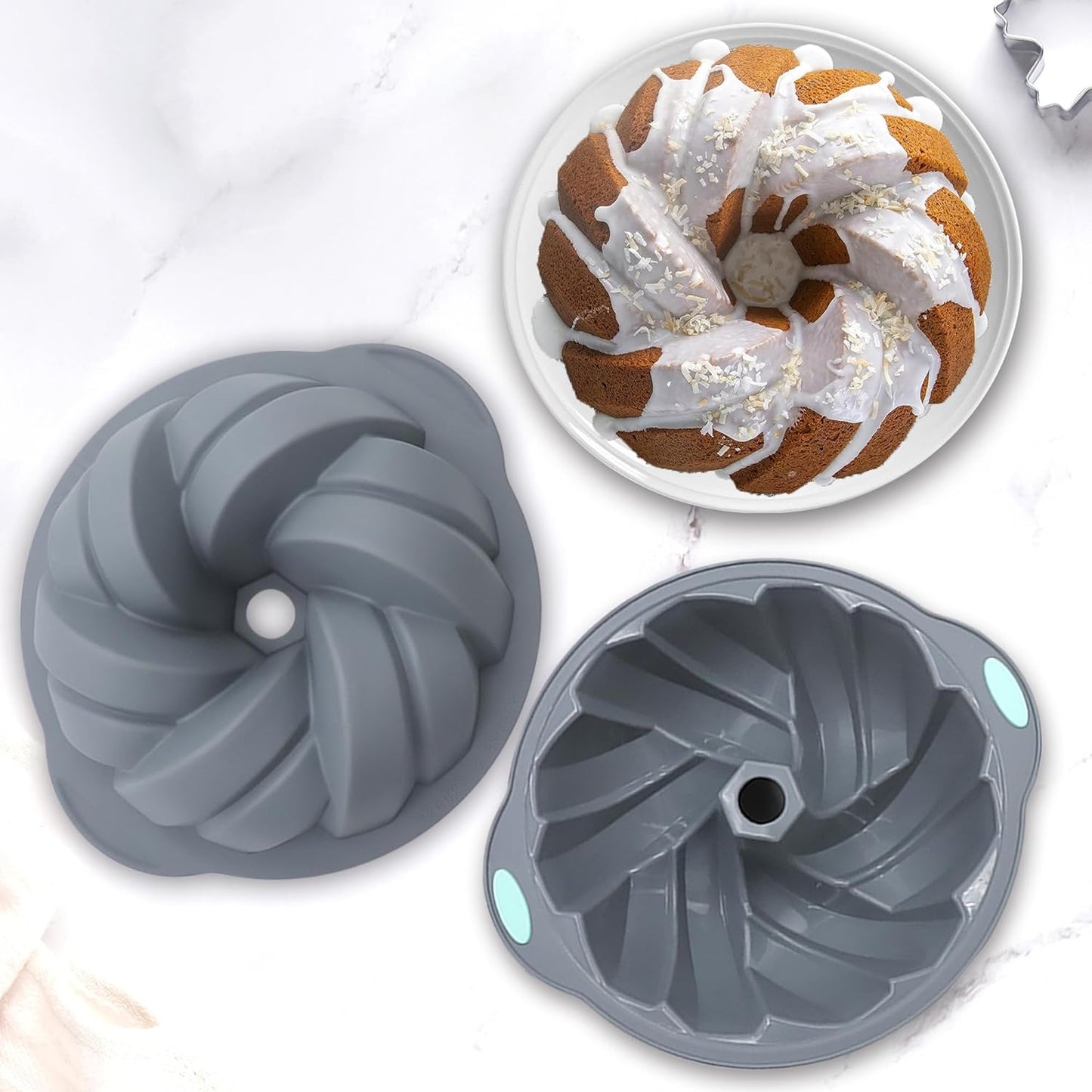 Tongjude 4 Pieces Silicone Fluted Cake Pans, 10/12 Cups Tube Baking Pan, Silicone Molds for Homemade Cake, Bread and Jello, Non-Stick, Grey