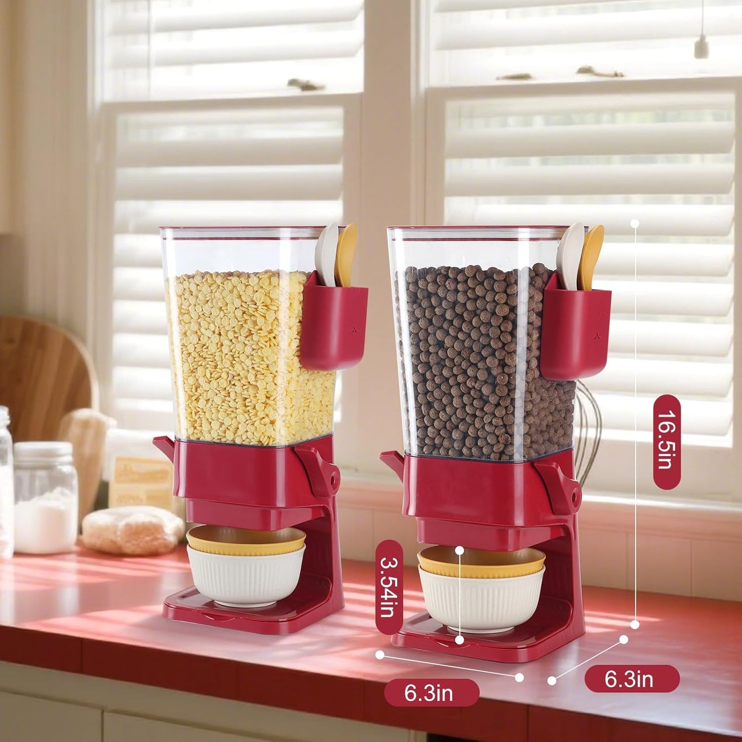 Cereal Dispenser Countertop Red 2 Pack with Creal Bowls Spoons Cutlery Box, Cereal Containers Storage - Not Easy to Crush Food, Dry Food Dispenser For Pantry Candy Snack