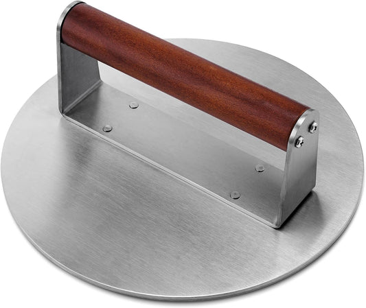 Stainless Steel Burger Press, 8.5" NonStick Hamburger Smasher Tool & Grill Press, 2.5 lbs Heavy Duty Bacon with Wood Handle for Blackstone Camp Chef Pitboss Weber Griddle Grills(Round)