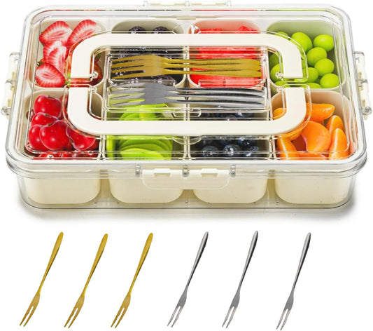 Snackle Box Container, Divided Serving Tray with Lid & Handle, Portable Snack Box Charcuterie Container for Nuts,Candy,Fruits, Snack Platter with 8 Compartments&6 forks for Party,Entertaining,Picnic