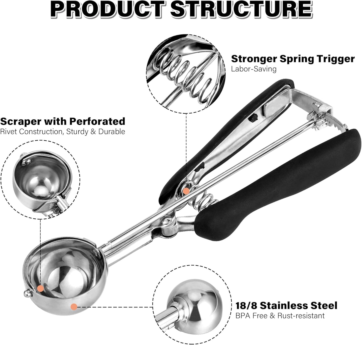 Cookie Scoop 2 Tbsp, TJ POP Professional Stainless Steel Ice Cream Scoop 44 mm, Good Soft Grips, Quick Trigger Release, 30 ml